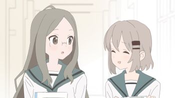 2girls blush book closed_eyes glasses green_sailor_collar grey_eyes grey_hair hair_ornament hairclip highres holding holding_book kasumi_(yama_no_susume) long_hair looking_at_another multiple_girls open_mouth rytoua318 sailor_collar school_uniform shirt short_hair sketch_background white_shirt yama_no_susume yukimura_aoi