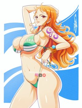 1girl 2025 adapted_costume arm_behind_head arm_up bangle bare_shoulders bikini bikini_bottom_lift border bracelet breasts brown_eyes cleavage commentary cowboy_shot earrings english_commentary eyelashes green_bikini highres jewelry large_breasts lips log_pose long_hair looking_at_viewer midniteblueart nami_(one_piece) nami_(one_piece)_(return_to_sabaody) one_piece orange_hair parted_lips pearl_earrings pink_lips shoulder_tattoo signature solo stomach string_bikini string_pull swimsuit tattoo thighs wavy_hair white_border
