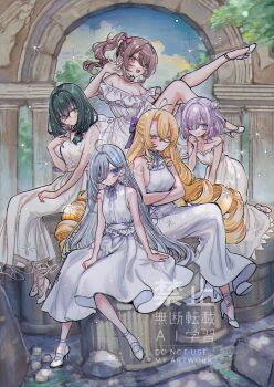 5girls ahoge architecture bare_shoulders blonde_hair bow brown_hair chie_(shibou_yuugi) commentary double_bun dress drill_hair embarrassed glasses greco-roman_architecture green_hair hair_bow hair_bun hair_over_one_eye high_heels highres keito_(shibou_yuugi) kotoha_(shibou_yuugi) long_hair looking_at_viewer mishiro_(shiboyugi) multiple_girls murasaki_pomeranian purple_bow purple_hair ruins shibou_yuugi_de_meshi_wo_kuu. shoes short_hair side_ponytail sitting sleeveless sleeveless_dress symbol-only_commentary white_dress white_hair white_shoes yuuki_(shibou_yuugi)