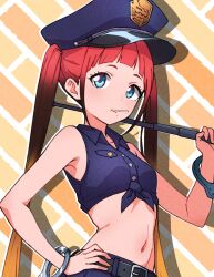 Rule 34 | asukagawa chise, belt, blue eyes, candy, cuffs, food, gridman universe, gridman universe (film), handcuffs, hat, highres, holding, kamidan, lollipop, long hair, looking at viewer, mole, mole under mouth, multicolored hair, police, police hat, police uniform, policewoman, red hair, shirt, solo, twintails, uniform, zooming in