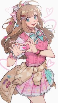 1girl :d ahoge blue_bow blue_bowtie bow bowtie brown_hair clothes_around_waist collared_shirt commentary cowboy_shot empty_(neyo) green_eyes hair_bow heart heart_hands highres idolmaster idolmaster_cinderella_girls jacket jacket_around_waist long_hair looking_at_viewer miniskirt nail_polish open_mouth pink_bow pink_nails pink_skirt pink_sweater_vest plaid_clothes plaid_skirt pleated_skirt ponytail sato_shin school_uniform shirt skirt smile solo standing sweater_vest white_shirt