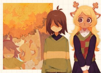 1girl 1other :&lt; :d aged_down animal_ear_fluff animal_ears animal_nose antenna_hair antlers arms_at_sides autumn_leaves black_shirt black_skirt black_sleeves blonde_hair bright_pupils brown_eyes brown_hair brown_pants buttons checkered_clothes checkered_sweater_vest closed_mouth collared_shirt cowboy_shot deer_antlers deer_ears deer_girl deltarune double-parted_bangs facing_viewer fake_horns film_grain freckles furry furry_female green_sweater green_sweater_vest grey_background grid_background grin hairband hashtag-only_commentary highres horn_hairband horns kris_(deltarune) leaf long_hair long_sleeves looking_at_another multiple_views no_eyes noelle_holiday open_mouth outdoors pants parted_bangs pleated_skirt puffy_long_sleeves puffy_short_sleeves puffy_sleeves red_hairband red_sweater_vest shaded_face shirt short_hair short_sleeves sidelocks simple_background skirt skn_1027 smile standing straight-on striped_clothes striped_sweater sweater sweater_vest tree two-tone_sweater two-tone_sweater_vest utdr_(toby_fox) v_arms watermark white_shirt yellow_sweater