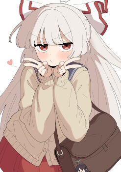 1girl absurdres bag bag_charm blush bow brown_bag cardigan character_charm charm_(object) commentary_request contemporary derivative_work double_v fujiwara_no_mokou grey_hair hair_bow heart highres houraisan_kaguya kapuri_(capuriwa) long_hair long_sleeves looking_at_viewer o3o red_skirt school_uniform simple_background skirt solo touhou v very_long_hair white_background yellow_cardigan