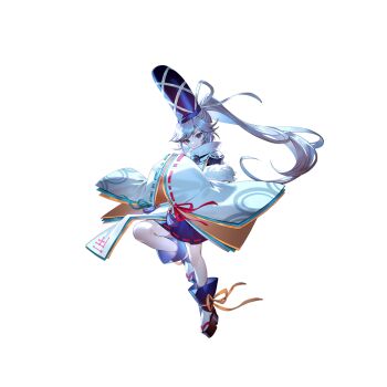 1girl blue_skirt full_body game_cg grey_hair hands_in_opposite_sleeves hat highres japanese_clothes kariginu leg_up long_hair long_sleeves looking_at_viewer mononobe_no_futo non-web_source official_art okobo platform_sandals pom_pom_(clothes) ponytail ribbon-trimmed_skirt ribbon-trimmed_sleeves ribbon_trim sandals second-party_source skirt smile socks solo tabi tate_eboshi touhou touhou_gensou_eclipse transparent_background u_u_zan very_long_hair white_socks wide_sleeves