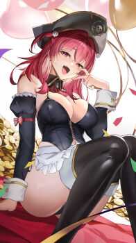 1girl absurdres apron arm_support balloon black_corset black_thighhighs breasts cleavage coin commentary_request confetti corset criss-cross_strings crossed_bangs derby_(dabidabi) detached_sleeves dutch_angle fang frilled_apron frills goddess_of_victory:_nikke gold_coin gold_trim hair_between_eyes hair_intakes hair_ornament hand_up hat heart_balloon highres korean_commentary large_breasts long_hair long_sleeves maid maid_apron mast_(nikke) mast_(romantic_maid)_(nikke) official_alternate_costume open_mouth partial_commentary pink_eyes pink_hair pirate_hat simple_background sitting skin_fang skull_hair_ornament sleeve_cuffs smile solo thighhighs thighs white_apron white_background white_wrist_cuffs wrist_cuffs