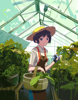 Rule 34 | 1girl, akazuki, apron, archived source, basket, black gloves, black hair, blue pants, breasts, brown apron, collared shirt, fingerless gloves, gloves, greenhouse, grey eyes, grin, hat, high collar, holding, holding scissors, indoors, leaf, looking at viewer, lowres, medium breasts, original, pants, plant, potted plant, scissors, shirt, short sleeves, single fingerless glove, single glove, smile, solo, straw hat, teeth, white shirt, yellow hat