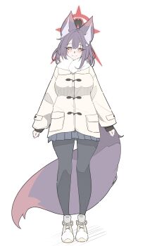 1girl absurdres alternate_costume amebrew animal_ear_fluff animal_ears black_hair black_pantyhose black_skirt blue_archive breasts coat colored_inner_hair fox_ears fox_girl fox_tail full_body halo highres large_breasts long_sleeves looking_at_viewer miniskirt multicolored_hair official_alternate_hairstyle pantyhose pleated_skirt red_hair red_halo shoes short_hair simple_background skirt smile solo standing tail wakamo_(blue_archive) white_background white_coat white_shoes yellow_eyes