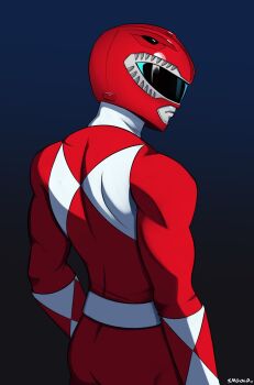 1boy absurdres black_background blue_background bodysuit cowboy_shot from_behind helmet highres kyouryuu_sentai_zyuranger male_focus mighty_morphin_power_rangers mighty_morphin_red_ranger power_rangers red_bodysuit red_helmet simple_background smgold solo super_sentai tokusatsu tyranno_ranger zyuranger