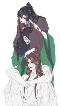 3boys bandaged_neck bandaged_wrist bandages bindi black_hair black_hanfu boots brown_eyes brown_hair carrying chinese_clothes clenched_teeth closed_eyes commentary creator_connection crossover english_commentary folded_fan folding_fan green_hanfu grey_eyes grimace hair_bun hair_ribbon hand_fan hand_on_another's_head hand_on_another's_leg hanfu high_ponytail highres holding holding_fan jeongbae22 long_hair long_sleeves looking_ahead looking_at_another male_focus modao_zushi multiple_boys pants parted_lips piggyback ponytail renzha_fanpai_zijiu_xitong ribbon shen_qingqiu simple_background smile teeth tianguan_cifu wei_wuxian white_background white_footwear white_hanfu white_pants white_ribbon wide_sleeves xiao_guan_(headdress) xie_lian