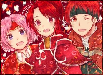 1boy 2girls :d ;d absurdres akamaru_saasha armor blue_eyes blush breastplate cape fire_emblem fire_emblem:_radiant_dawn green_headband green_jacket headband heart highres hooded jacket jill_(fire_emblem) long_hair looking_at_viewer marcia_(fire_emblem) multiple_girls nintendo one_eye_closed open_mouth orange_cape pink_hair red_eyes red_hair short_hair smile tormod_(fire_emblem) upper_body wing_collar