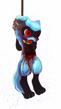 arms_up bleeding blood blood_on_arm blood_on_body blood_on_face blood_on_neck bound bound_arms crying crying_with_eyes_open deep_wound entrails facing_to_the_side gen_4_pokemon guro hanging highres injury intestines midair nintendo open_mouth organs pokemon pokemon_(creature) pokemon_focus red_eyes restrained riolu sanpomodoro streaming_tears tears white_background