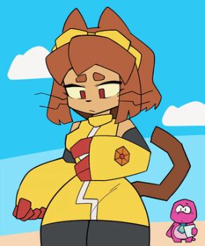 animal_ears animated animated_gif beach breasts brown_hair cat_ears cat_girl cat_tail cosplay dinosaur furry furry_female gameoverse gobbles_(gameoverse) huge_breasts kit_bodega large_breasts nipples nude pink_eyes short_hair tail yellowparrot