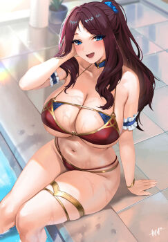 1girl absurdres bare_shoulders bikini blue_eyes blush bracelet breasts brown_hair choker cleavage fate/grand_order fate_(series) forehead gold_trim highres jewelry kisaragi_tsurugi large_breasts leonardo_da_vinci_(caster)_(fate) leonardo_da_vinci_(fate) long_hair looking_at_viewer navel open_mouth parted_bangs ponytail pool poolside red_bikini sidelocks smile solo swimsuit thighlet wet