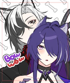 1boy 1girl acheron_(honkai:_star_rail) animal_ears black_choker black_hair bone boothill_(honkai:_star_rail) choker detached_sleeves dog_ears fang hair_over_one_eye honkai:_star_rail honkai_(series) multicolored_hair multiple_moles purple_eyes red_pupils ririri_(lilili_tea) single_bare_shoulder split-color_hair streaked_hair v white_hair