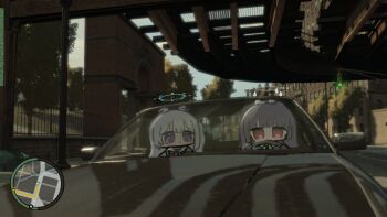 2girls absurdres animal_ears black_car blue_archive blue_halo blue_shirt car chibi chibi_only driving fake_animal_ears game_screenshot_background grand_theft_auto grand_theft_auto_iv green_neckerchief grey_hair grey_halo halo highres in-universe_location long_hair miyako_(blue_archive) miyu_(blue_archive) motor_vehicle multiple_girls neckerchief pink_neckerchief purple_eyes rabbit_ears red_eyes sailor_collar school_uniform screenshot_background serafuku shirt ura_mieu white_sailor_collar