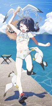 1girl absurdres bikini bird black_hair blue_archive blue_sky blush braid cloud crocs day flat_chest fuyubone grey_halo halo hat hat_on_back highres horizon leaf leaf_on_head leaf_print long_hair miyu_(blue_archive) miyu_(swimsuit)_(blue_archive) navel ocean official_alternate_costume open_mouth outdoors print_bikini seabird seagull sky starfish straw_hat swimsuit tears twin_braids water white_bikini