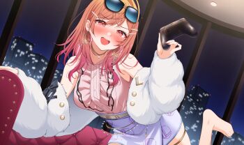 absurdres ahoge barefoot belt blush center_frills colored_inner_hair commentary_request controller couch earrings eyewear_on_head foot_out_of_frame frills fur_jacket game_controller gold_choker gradient_hair hair_ornament hairclip hand_up highres holding holding_controller holding_game_controller hololive hololive_dev_is ichijou_ririka ichijou_ririka_(1st_costume) indoors jacket jewelry long_hair looking_at_viewer miniskirt mugino0515 multicolored_hair night off_shoulder on_couch orange_eyes orange_hair pencil_skirt pink_hair pink_shirt purple_skirt shirt shirt_tucked_in skirt sleeveless sleeveless_shirt sunglasses swept_bangs thighlet virtual_youtuber white_belt white_jacket