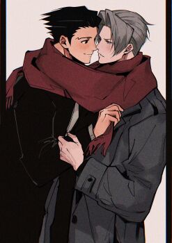 2boys ace_attorney arm_up black_coat black_eyes black_hair blush c138300 closed_mouth coat curtained_hair eye_contact grey_background grey_coat grey_hair hand_on_another&#039;s_arm highres lapels long_sleeves looking_at_another male_focus medium_sideburns miles_edgeworth multiple_boys notched_lapels phoenix_wright red_scarf scarf shared_clothes shared_scarf short_hair smile yaoi
