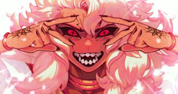 1boy :d black_nails black_sclera colored_sclera dark-skinned_male dark_skin double_v fate/grand_order fate_(series) grand_caster_(fate) highres long_hair m@gical_cure!_love_shot!_(vocaloid) male_focus meme miku_miku_beaaaam!!_(meme) open_mouth portrait red_eyes sharp_teeth smile solo solomon_(fate) teeth v v_over_eye velkiibo white_background white_hair