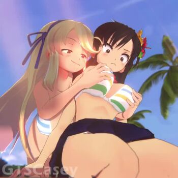 2girls 3d animated asuka_(senran_kagura) bikini bikini_top_pull black_skirt blonde_hair blue_bikini blush bouncing_breasts breasts breasts_out brown_bikini brown_hair cleavage collarbone grabbing_another&#039;s_breast groping gtscasey katsuragi_(senran_kagura) large_breasts long_hair multiple_girls nipples open_mouth senran_kagura skirt smile striped_bikini striped_clothes swimsuit tagme video white_bikini yuri