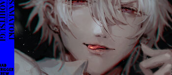 1boy aohitsugi_samatoki character_name collared_shirt ear_piercing group_name hypnosis_mic licking_lips looking_at_viewer male_focus mebaru multiple_piercings piercing portrait red_eyes shirt short_hair smile solo tongue tongue_out white_hair white_shirt