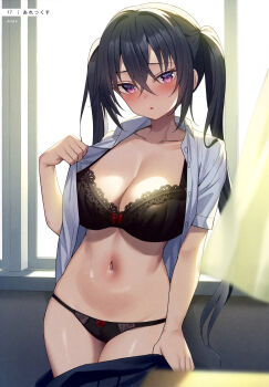 1girl absurdres alexmaster artist_name black_bra black_hair black_panties black_skirt blush bow bow_bra bow_panties bra breasts cleavage clothes_pull collarbone collared_shirt cowboy_shot crossed_bangs curtains dengeki_moeoh groin hair_between_eyes hand_up highres indoors lace lace-trimmed_bra lace_trim large_breasts long_hair looking_at_viewer magazine_scan navel open_clothes open_shirt original page_number panties parted_lips pink_eyes pleated_skirt pulling_own_clothes red_bow scan school_uniform shiny_skin shirt sidelocks skirt skirt_pull solo standing stomach sunlight third-party_source twintails underwear undressing very_long_hair white_shirt window