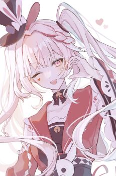 1girl ;d ameshi0227 animal_ears bow braid butterfly-shaped_pupils chibi clothing_cutout commentary dress facial_mark hat heart highres honkai:_star_rail honkai_(series) light_blush monocle one_eye_closed open_mouth pink_eyes rabbit_ears red_streaks shoulder_cutout side_braid smile sparkle_(honkai:_star_rail) sparxie_(honkai:_star_rail) symbol-shaped_pupils teeth twintails upper_teeth_only white_hair
