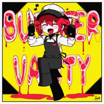 1girl apron baguette beef black_apron black_pants black_shirt bread butcher_vanity_(synthesizer_v) closed_eyes collared_shirt drill_hair drooling food fork full_body hair_between_eyes hat kasane_teto meat mob_cap open_mouth pants sato_(r017xts117) shirt solo table_knife twin_drills utau white_background white_shirt wing_collar