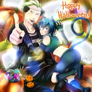1boy 1girl animal_ears ass atlus bare_shoulders black_eyes blonde_hair blue_eyes blue_hair boots breasts cat_ears cat_tail couple elbow_gloves gloves halloween halloween_costume hanuwabbit persona persona_4 pumpkin shirogane_naoto smile static tail tatsumi_kanji television
