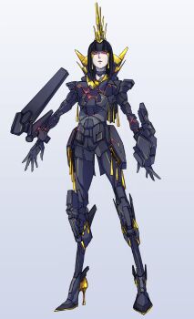 Rule 34 | 2girls, 8823, black hair, blunt bangs, commentary, english commentary, glowing, glowing eyes, gundam, gundam unicorn, highres, looking down, mecha musume, medium hair, multiple girls, open hands, personification, red eyes, solo, standing, unicorn gundam banshee
