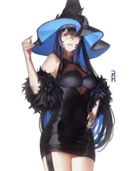 1girl absurdres artist_logo black_dress black_hair black_hat breasts colored_inner_hair commentary dinn_(artofdinn) dress english_commentary fur-trimmed_sleeves fur_trim hand_on_own_hip hat highres hololive hololive_english horns logo long_hair looking_at_viewer multicolored_hair nerissa_ravencroft parted_lips short_dress simple_background solo thigh_strap virtual_youtuber white_background witch witch_hat