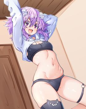 1girl absurdres black_bra black_panties black_socks bra cat_symbol commentary cropped_hoodie d-pad d-pad_hair_ornament drawstring english_commentary hair_ornament highres hood hoodie indoors mrrollingcircle navel neptune_(neptunia) neptune_(series) open_mouth panties purple_eyes purple_hair short_hair smile socks solo underwear
