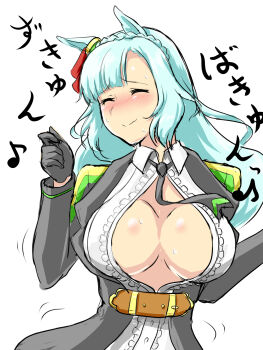 1girl animal_ears black_gloves black_jacket black_necktie blue_hair blush braid breasts center_frills center_opening closed_eyes closed_mouth collared_shirt commentary_request cosplay dancing deno_(denomina0) ear_ornament frilled_shirt frills fuji_kiseki_(shooting_star_revue)_(umamusume) fuji_kiseki_(umamusume) fuji_kiseki_(umamusume)_(cosplay) gloves highres horse_ears jacket large_breasts long_hair mejiro_ardan_(umamusume) musical_note necktie no_bra nose_blush open_clothes open_jacket parted_bangs raised_inner_eyebrows shirt solo sweat umamusume upper_body wavy_mouth white_shirt wing_collar
