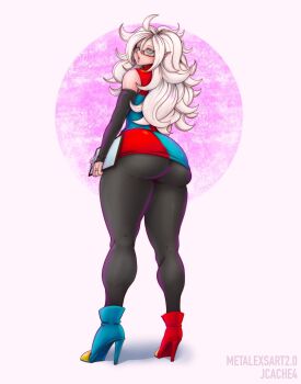 1girl android_21 ass colored_skin detached_sleeves dragon_ball dragon_ball_fighterz female_focus from_behind full_body glasses high_heels highres huge_ass long_hair looking_back majin_android_21 metalexsart pantyhose pink_hair pink_skin pointy_ears solo thick_thighs thighs wide_hips
