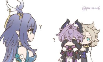 1girl 2boys ? albedo_(genshin_impact) antlers aqua_eyes artist_name bare_shoulders black_hair blonde_hair blue_eyes breasts chibi covering_another&#039;s_eyes deer_antlers deer_girl dragon_boy genshin_impact horns large_breasts lauma_(genshin_impact) long_hair looking_at_another mini_durin_(genshin_impact) mini_durin_(human)_(genshin_impact) multiple_boys panri pointy_ears purple_eyes short_hair simple_background upper_body white_background