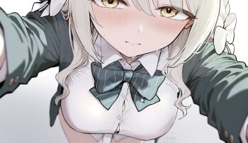 1girl black_jacket blazer blue_archive blush bow bowtie braid breasts bright_pupils button_gap buttons collared_shirt diagonal-striped_bow eyelashes from_above gluteal_fold hair_between_eyes hair_ribbon highres jacket large_breasts long_sleeves looking_at_viewer looking_up miyo_(blue_archive) no_bra no_pants popped_button reaching reaching_towards_viewer ribbon ryouta_(ryouta335) shirt sidelocks simple_background solo striped_bow sweat sweatdrop thighhighs tight_clothes white_background white_ribbon white_shirt yellow_eyes