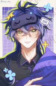 1boy black_pajamas blindfold blue_hair closed_mouth commentary english_commentary flins_(genshin_impact) genshin_impact haryu_chee holding holding_pillow long_hair male_focus multicolored_hair pajamas pillow solo streaked_hair yellow_eyes