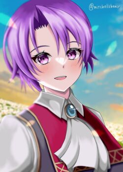 1girl akatsuki_no_kiseki ascot brooch commentary_request curtained_hair eiyuu_densetsu falcom highres jewelry kloe_rinz looking_at_viewer mitchellsbear open_mouth parted_bangs portrait purple_eyes purple_hair short_hair simple_background smile sora_no_kiseki white_ascot