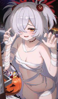 1girl absurdres alternate_costume areola_slip bandaged_arm bandaged_chest bandaged_hand bandaged_leg bandaged_torso bandages blue_archive breasts candy candy_cane commentary_request cuz_be eyeball_hair_ornament food grey_hair hair_over_one_eye halloween halloween_bucket halloween_costume halo heart heart-shaped_pupils highres holding holding_candy holding_food holding_halloween_bucket kanoe_(blue_archive) korean_commentary lollipop long_hair multicolored_eyes mummy mummy_costume naked_bandage navel open_mouth orange_eyes red_halo small_breasts smile solo symbol-shaped_pupils teeth trick-or-treating two-tone_eyes upper_teeth_only very_long_hair wrapped_candy