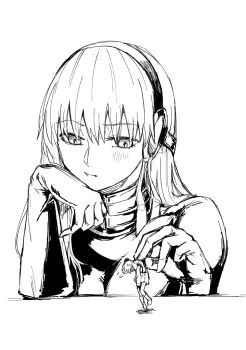 2girls closed_mouth commentary_request cropped_torso fate/grand_order fate_(series) fujimaru_ritsuka_(female) full_body giant giantess gloves haji1nomo head_on_hand head_rest headbang highres kingprotea_(fate) lifting_person light_blush long_hair looking_at_another looking_down monochrome multiple_girls sideways_glance sweatdrop xochitonal_(fate)