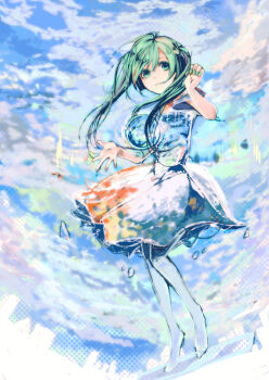 abstract_background aqua_eyes aqua_hair aqua_nails ben-day_dots blue_pantyhose commentary_request dress full_body hair_between_eyes hands_up hatsune_miku knees_together_feet_apart long_hair longing_(vocaloid) looking_at_viewer madori_(sayuri5) medium_dress no_shoes orb pantyhose parted_lips screentones short_sleeves sidelocks twintails vocaloid water_drop white_dress