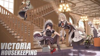 1boy 3girls absurdres alexandrina_sebastiane animal_ears apron bangboo_(zenless_zone_zero) black_dress black_gloves black_hair black_pantyhose body_fur breasts butler_(zenless_zone_zero) candy chandelier colored_inner_hair commentary corin_wickes dress ellen_joe fins fish_tail food frilled_wristband furry furry_male gloves green_hair grey_hair grey_pants grey_vest hairband highres holding holding_candy holding_food holding_lollipop holding_mop kenka_(user_hrjm2543) large_breasts large_tail lollipop long_hair long_sleeves looking_at_viewer low-tied_long_hair maid maid_apron maid_headdress metal_hairband mole mole_under_eye mop multicolored_hair multiple_girls pants pantyhose pantyhose_cutout partially_fingerless_gloves pink_hair puffy_short_sleeves puffy_sleeves purple_eyes red_eyes red_nails screw_hair_ornament shark_girl shark_tail shirt short_hair short_sleeves smile spiked_headband stairs tail tail_belt twintails two-tone_hair very_long_hair vest von_lycaon white_apron white_fur white_hair white_shirt window wolf_boy wolf_ears wolf_tail zenless_zone_zero