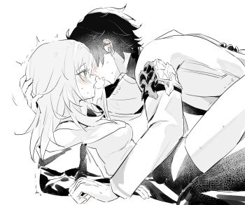 Rule 34 | 1boy, 1girl, absurdres, annann nna, blush, boy on top, coat, commentary, couple, dan heng (honkai: star rail), dan heng (hunt) (honkai: star rail), french kiss, greyscale, hand on another's head, hetero, highres, honkai: star rail, honkai (series), kiss, looking at another, monochrome, open mouth, saliva, saliva trail, skirt, stelle (honkai: star rail), untranslatable commentary, tongue, tongue out, trailblazer (honkai: star rail), white background