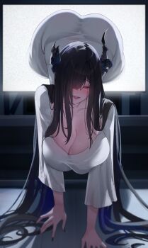 1girl absurdres alternate_costume arm_support ass asymmetrical_horns black_hair black_horns black_nails blue_hair blush breasts collarbone colored_inner_hair commentary cosplay dress english_commentary hair_over_one_eye hair_spread_out hanging_breasts highres hololive hololive_english horns large_breasts long_hair looking_at_viewer mole mole_under_eye multicolored_hair nail_polish naughty_face nerissa_ravencroft open_mouth prab red_eyes smile solo solo_focus static television the_ring through_medium through_screen top-down_bottom-up two-tone_hair very_long_hair virtual_youtuber white_dress yamamura_sadako yamamura_sadako_(cosplay)