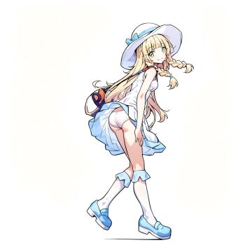 1girl absurdres ass bag blonde_hair blue_dress blue_ribbon blue_shoes braid clothes_lift commentary_request dress duffel_bag female_focus full_body green_eyes hat highres leaning_forward lillie_(pokemon) loli long_hair looking_at_viewer looking_back maruyu nintendo panties pokemon pokemon_sm ribbon shoes simple_background skirt skirt_lift smile socks solo standing standing_on_one_leg sun_hat twintails two-tone_dress underwear very_long_hair white_background white_dress white_hat white_panties white_socks wind wind_lift