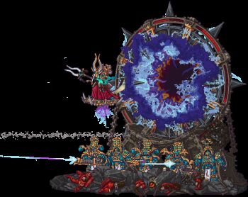 6+boys adeptus_astartes ahzek_ahriman ancient_egyptian_hat animated animated_gif armor chaos_space_marine commentary corpse dual_wielding english_commentary fire firing flamethrower gatling_gun holding holding_staff holding_sword holding_weapon horns khopesh mage_staff multiple_boys pixel_art portal_(object) power_armor purple_fire rubble staff standing steel_joe sword terminator_armor thousand_sons warhammer_40k weapon
