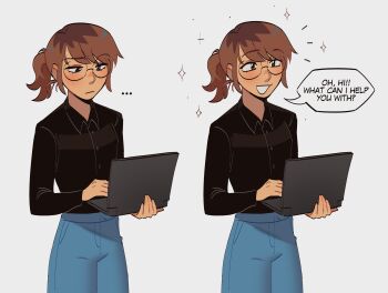 ... 1girl absurdres artist_self-insert black-framed_eyewear black_shirt blush brown_eyes brown_hair collared_shirt computer denim english_text glasses highres holding holding_laptop jeans laptop long_sleeves open_mouth original pants ponytail rengemenge round_eyewear shirt short_hair short_ponytail simple_background smile solo sparkle speech_bubble white_background