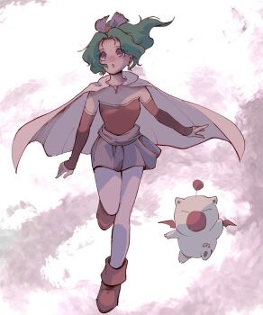 1girl boots breasts cape creature detached_sleeves dress final_fantasy final_fantasy_vi full_body green_hair hair_ribbon ika_okura_66 long_hair medium_breasts moogle parted_bangs parted_lips ponytail purple_eyes purple_ribbon red_boots red_dress red_sleeves ribbon sash short_dress strapless strapless_dress tina_branford waist_sash