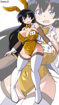 1girl animal_ear_hairband animal_ears arato_nagi bambi2000line black_hair blue_eyes blush bow bowtie breasts cleavage commentary_request covered_navel curvy detached_collar detached_sleeves earrings fake_animal_ears full_body gold_bowtie gold_leotard hairband highres jewelry large_breasts leotard long_hair open_mouth playboy_bunny rabbit_ear_hairband rabbit_ears ruri_no_houseki smile solo strapless strapless_leotard stud_earrings sweat thighhighs white_thighhighs white_wrist_cuffs wrist_cuffs zoom_layer
