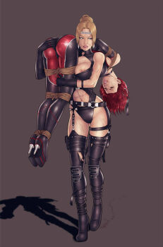 2girls abs arms_behind_back ass asymmetrical_gloves bdsm black_gloves blonde_hair bloodrayne bloodrayne_(videogame) bodysuit bondage boots bound bound_ankles bound_wrists breasts bruise carrying carrying_over_shoulder choker circlet closed_eyes clothing_cutout crossover defeat dhampir elbow_gloves gloves grabbing_another&#039;s_ass groping hair_ornament hairline half-human high_heel_boots high_heels highres injury large_breasts leotard lips lipstick long_hair makeup mismatched_gloves multiple_girls navel navel_cutout ninja_gaiden nipple_slip nipples over_shoulder platform_footwear platform_heels ponytail rachel_(ninja_gaiden) red_hair reptileye rope shoulder_carry skin_tight stiletto_heels thigh_boots thighhighs toned toned_female torn_clothes unconscious undead vampire watermark yuri